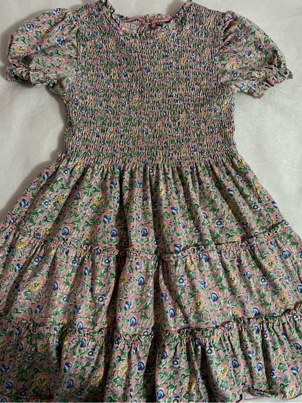Ralph Lauren Pink Floral Smocked Tiered Dress with Blue & Green Accents